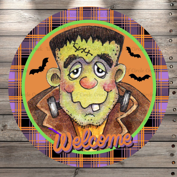 Welcome, Frankenstein, Halloween, Plaid Border, Round UV Coated, Metal Sign, No Holes