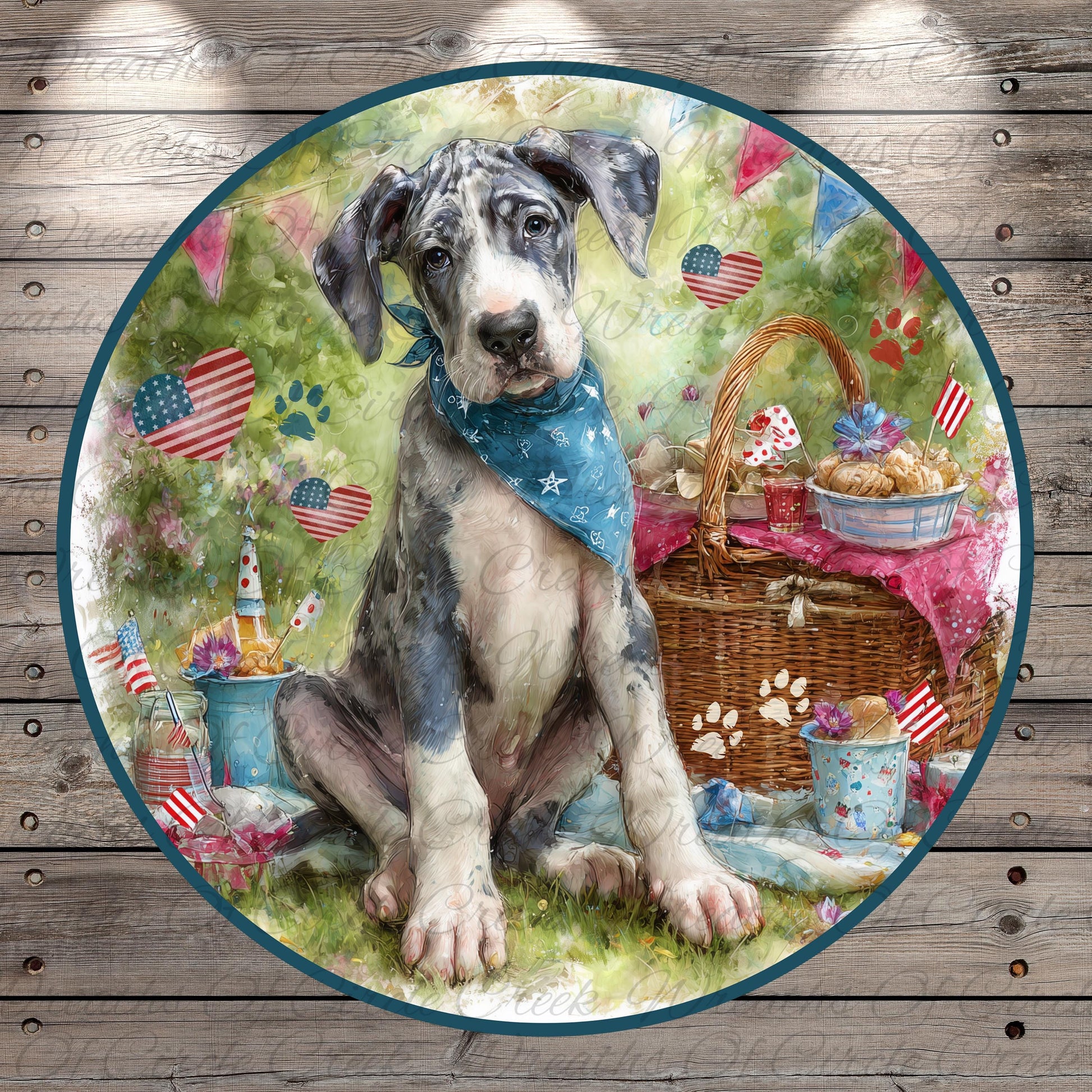 A Great Dane dog wearing a blue bandana sits on a grassy area, surrounded by American flags, a picnic basket, and other festive decorations.