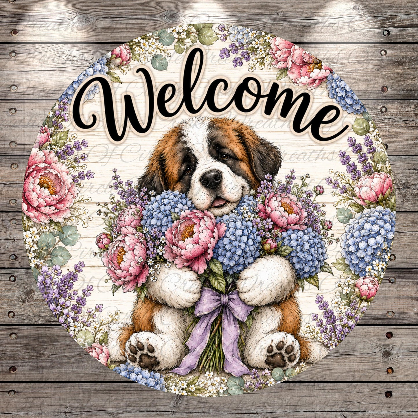 A round, decorative sign featuring a brown and white dog holding a bouquet of colorful flowers, with the word "Welcome" written above it.