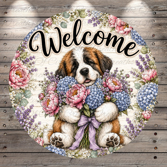 A round, decorative sign featuring a brown and white dog holding a bouquet of colorful flowers, with the word "Welcome" written above it.