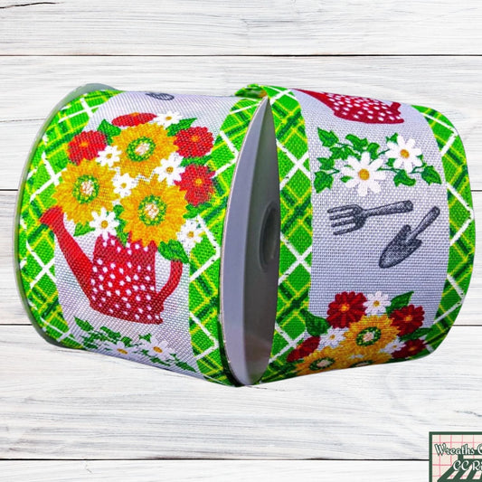 Rain Boots Florals, Watering Can, Polka Dots, Wired Ribbon, 2.5" x 10 Yards, 45212-40-12