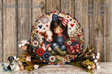 A decorative plate featuring a young girl and a cow surrounded by flowers and patriotic symbols, such as stars and stripes, against a wooden background.