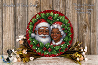A festive wreath featuring Santa Claus and an elderly woman, surrounded by a wreath of holly, berries, and flowers, placed on a wooden surface.