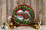 A festive wreath featuring Santa Claus and an elderly woman, surrounded by a wreath of holly, berries, and flowers, placed on a wooden surface.