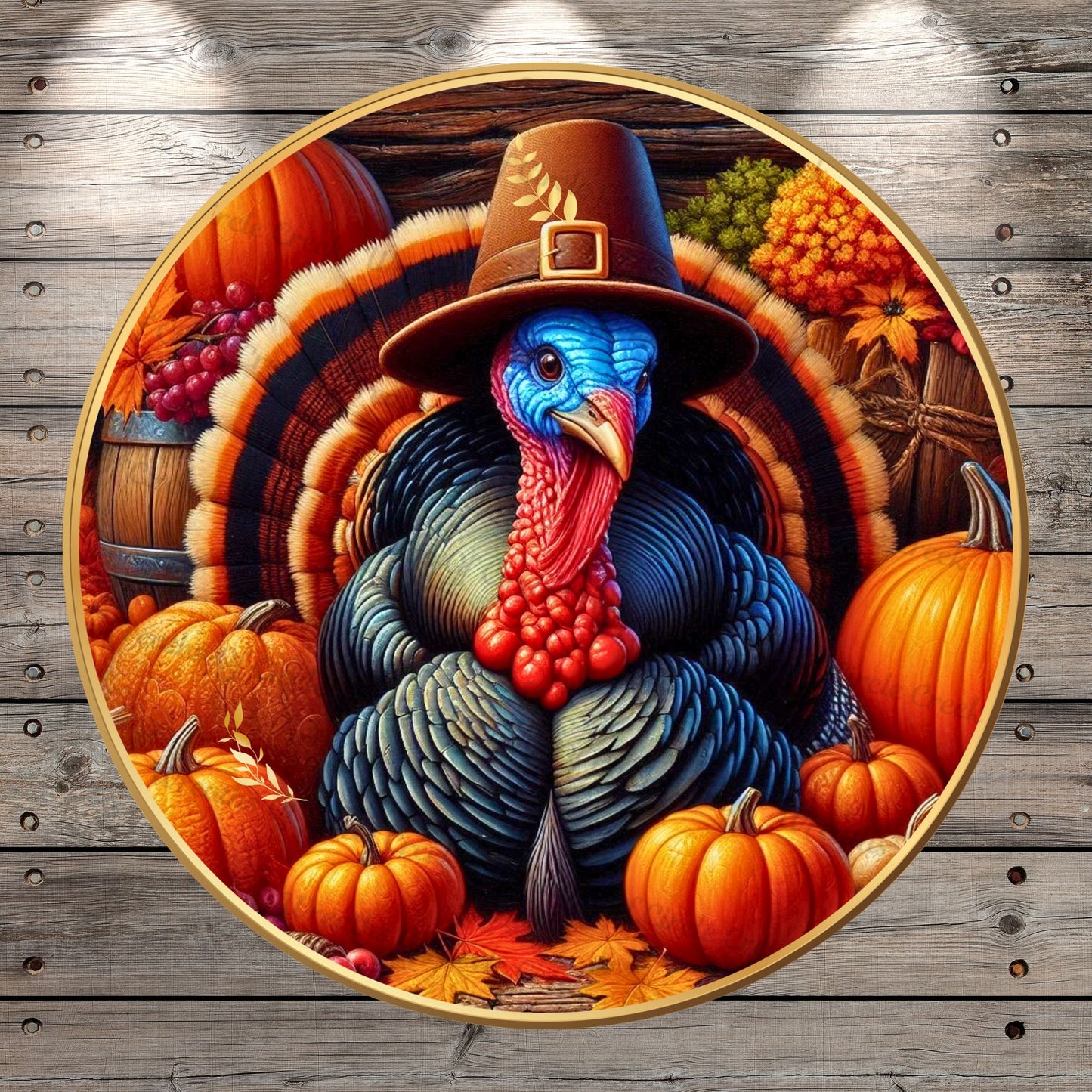 Wild Turkey, Happy Thanksgiving, Turkey Sitting By Pumpkins, Round, Light Weight ,Metal, Wreath Sign, No Holes In Sign