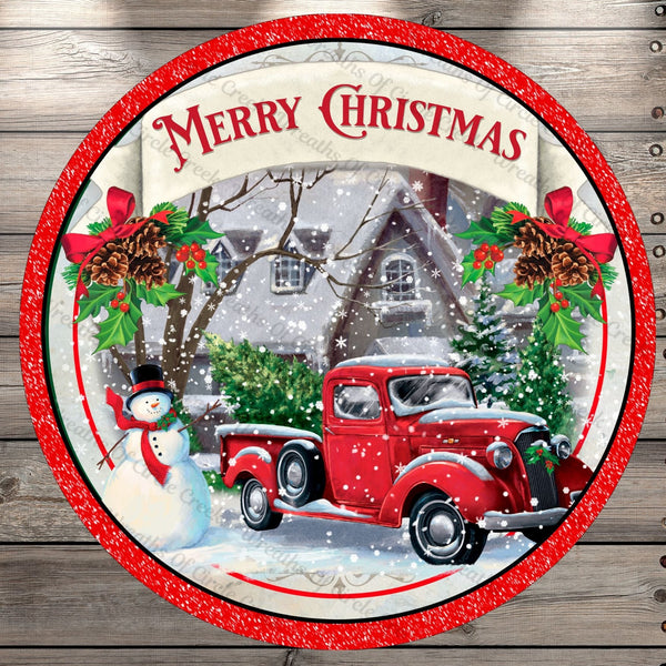 Classic Red Truck, Snowman, Merry Christmas, Round Metal, Wreath Sign, No Holes