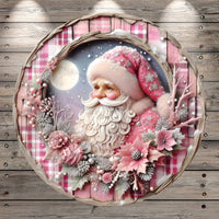 Pink Santa, Woodland, Full Moon, Faux 3D, Poinsettias, Classic, Round, Light Weight, Metal ,Wreath Sign, No Holes In Sign