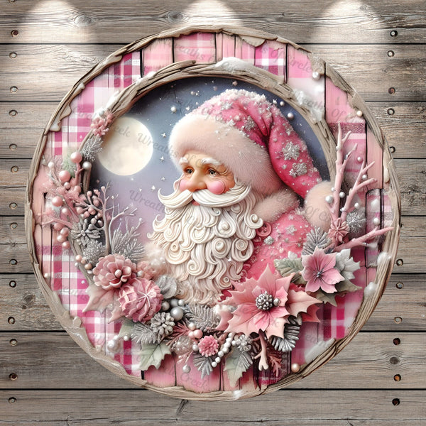 Pink Santa, Woodland, Full Moon, Faux 3D, Poinsettias, Classic, Round, Light Weight, Metal ,Wreath Sign, No Holes In Sign