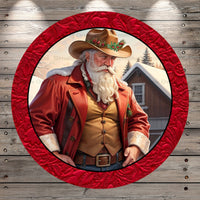 Howdy Christmas, Cowboy Santa, Round, Light Weight, Metal, Wreath Sign, No Holes In Sign