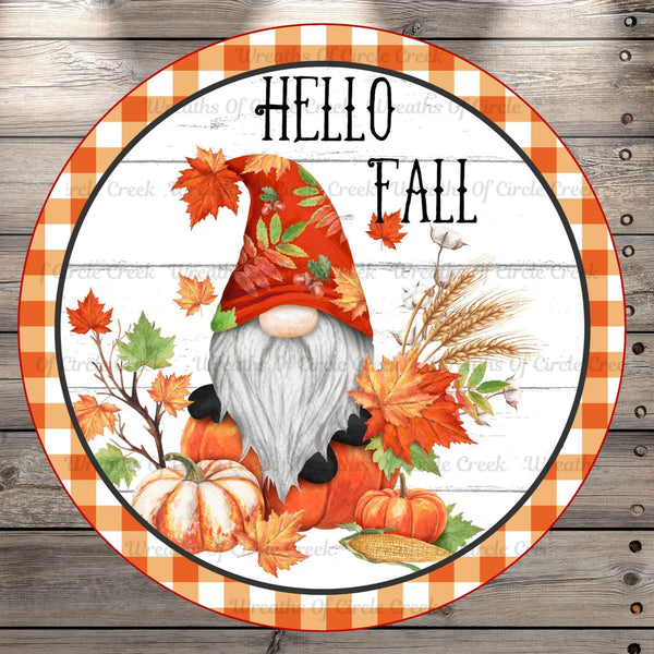 Hello Fall Gnome, Pumpkins, Fall Leaves, Plaid, Round UV Coated, Metal Sign, No Holes