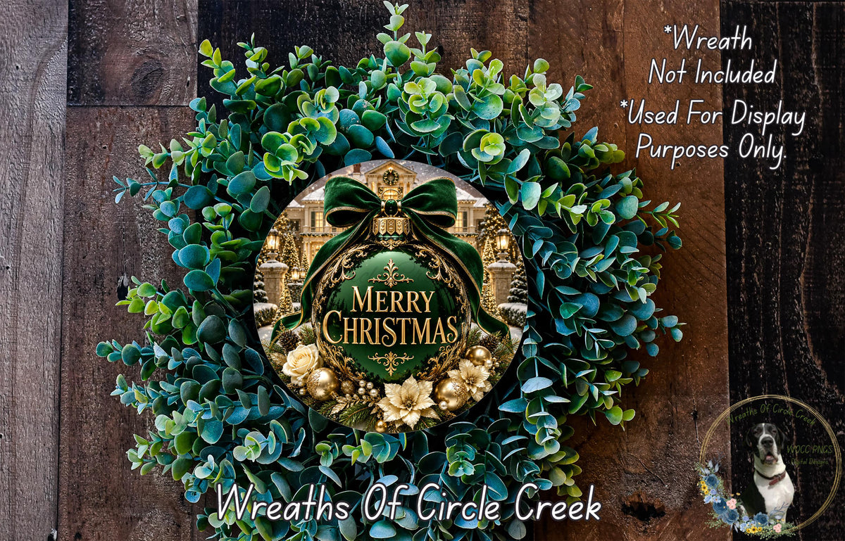 A wreath made of green and gold foliage, with a "Merry Christmas" sign in the center, and a dog in the bottom right corner.