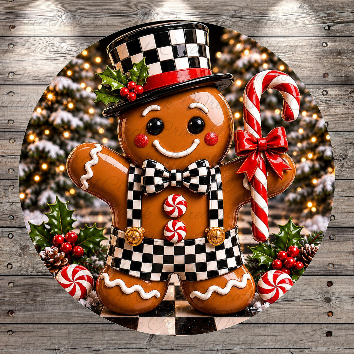 A gingerbread man figure wearing a black and white checkered hat and bowtie, holding a candy cane, surrounded by Christmas decorations such as berries, pine cones, and holly leaves.