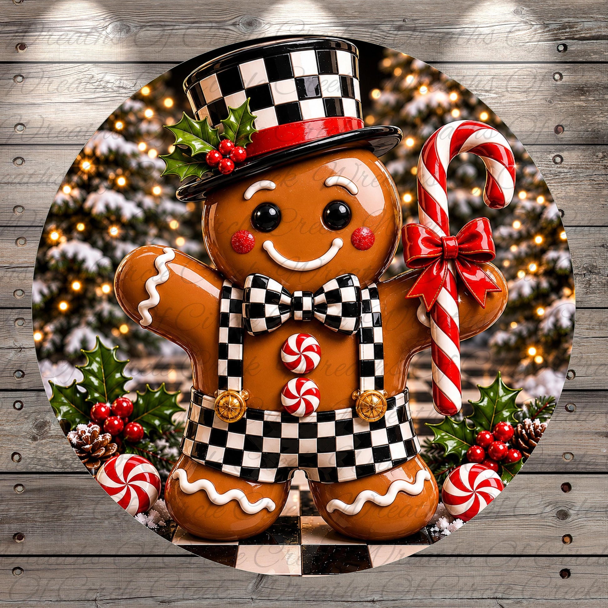 A gingerbread man figure wearing a black and white checkered hat and bowtie, holding a candy cane, surrounded by Christmas decorations such as berries, pine cones, and holly leaves.