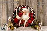A festive Christmas wreath featuring a smiling Santa Claus figure, surrounded by a wreath of flowers and greenery, set against a wooden background.
