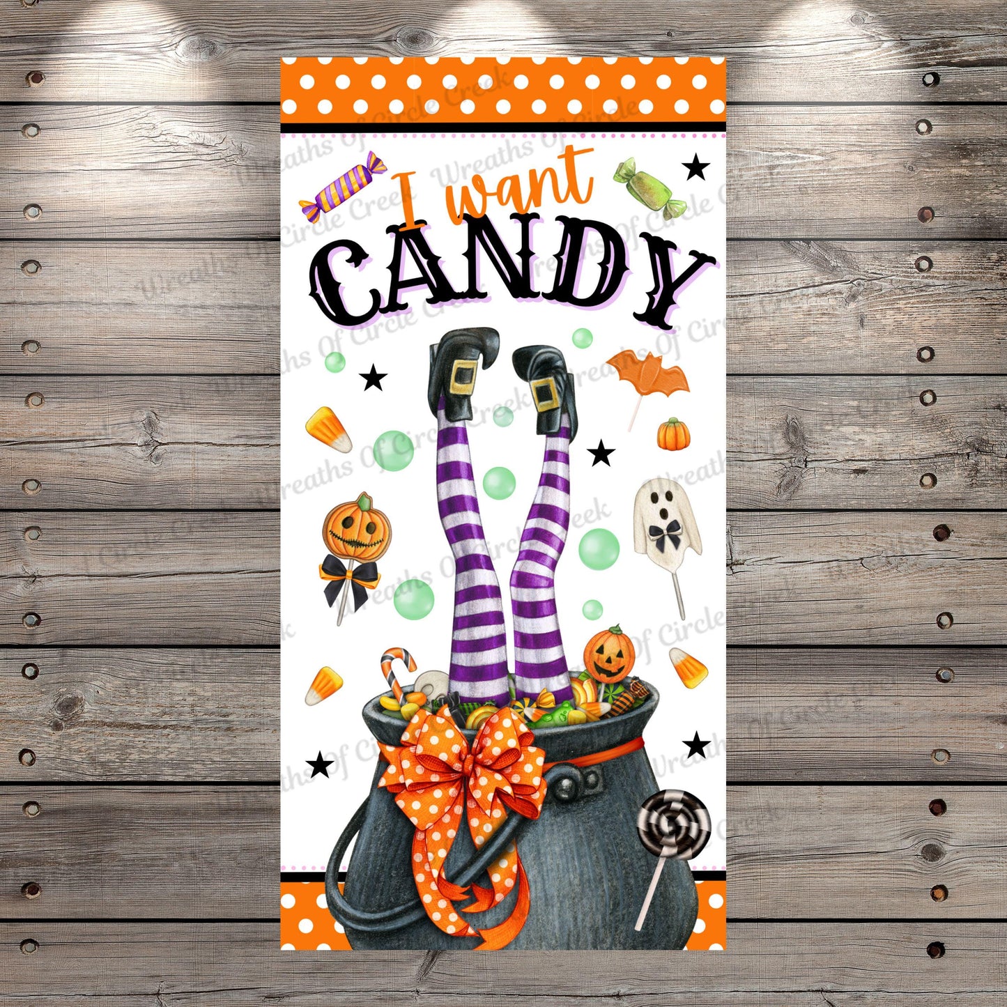 a card with a picture of a witch's legs in a caulder