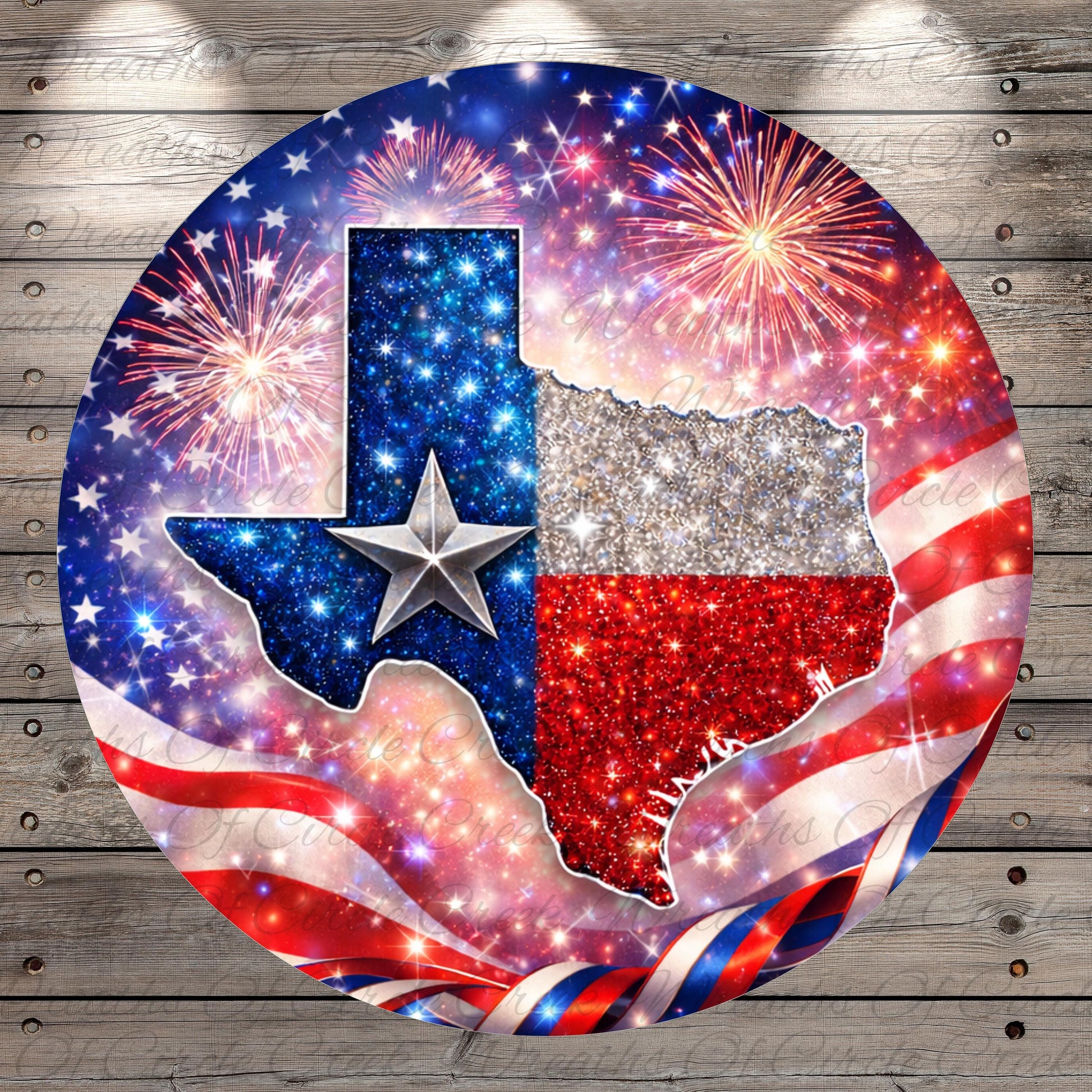A circular design featuring the state of Texas with a star and fireworks in the background, set against a backdrop of the American flag and a wooden wall.