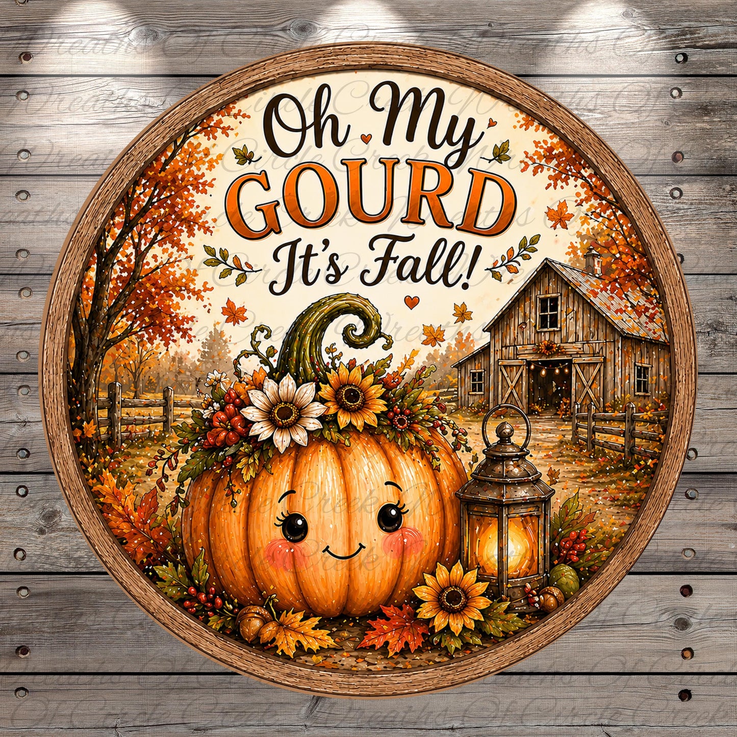 a pumpkin with a face and a lantern, surrounded by autumn leaves and flowers, with a barn in the background.