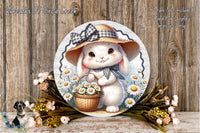 A round wooden plaque featuring a cartoon rabbit wearing a hat and holding a basket of flowers, surrounded by a floral arrangement and a wooden background.