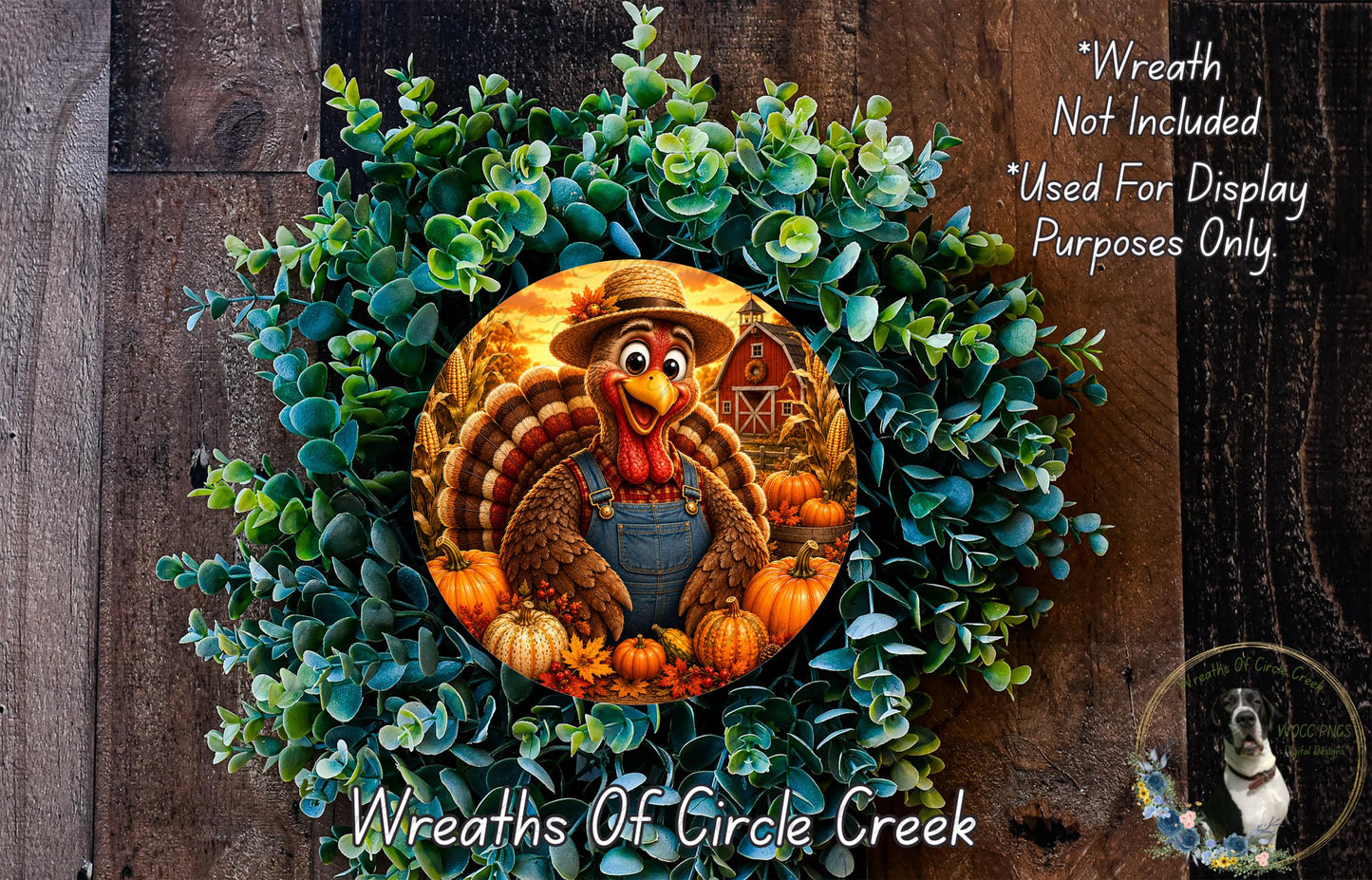 A wreath featuring a turkey wearing overalls and a straw hat, surrounded by autumnal elements such as pumpkins and gourds, with a wooden background.