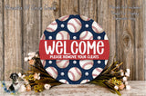 a welcome sign with a baseball theme, surrounded by flowers and a wooden background.