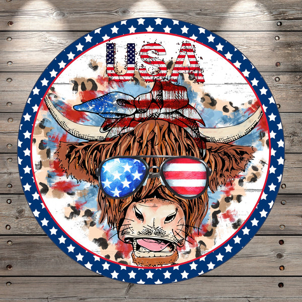 Patriotic, Highland Cow, Steer, Sunglasses, USA, Light Weight, Metal Wreath Sign, No Holes In Sign