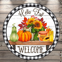 Hello Fall, Welcome, Pumpkins, Fall Leaves, Plaid, Round UV Coated, Metal Sign, No Holes