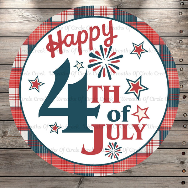 Happy 4th Of July, Round, Light Weight, Metal Wreath Sign, No Holes