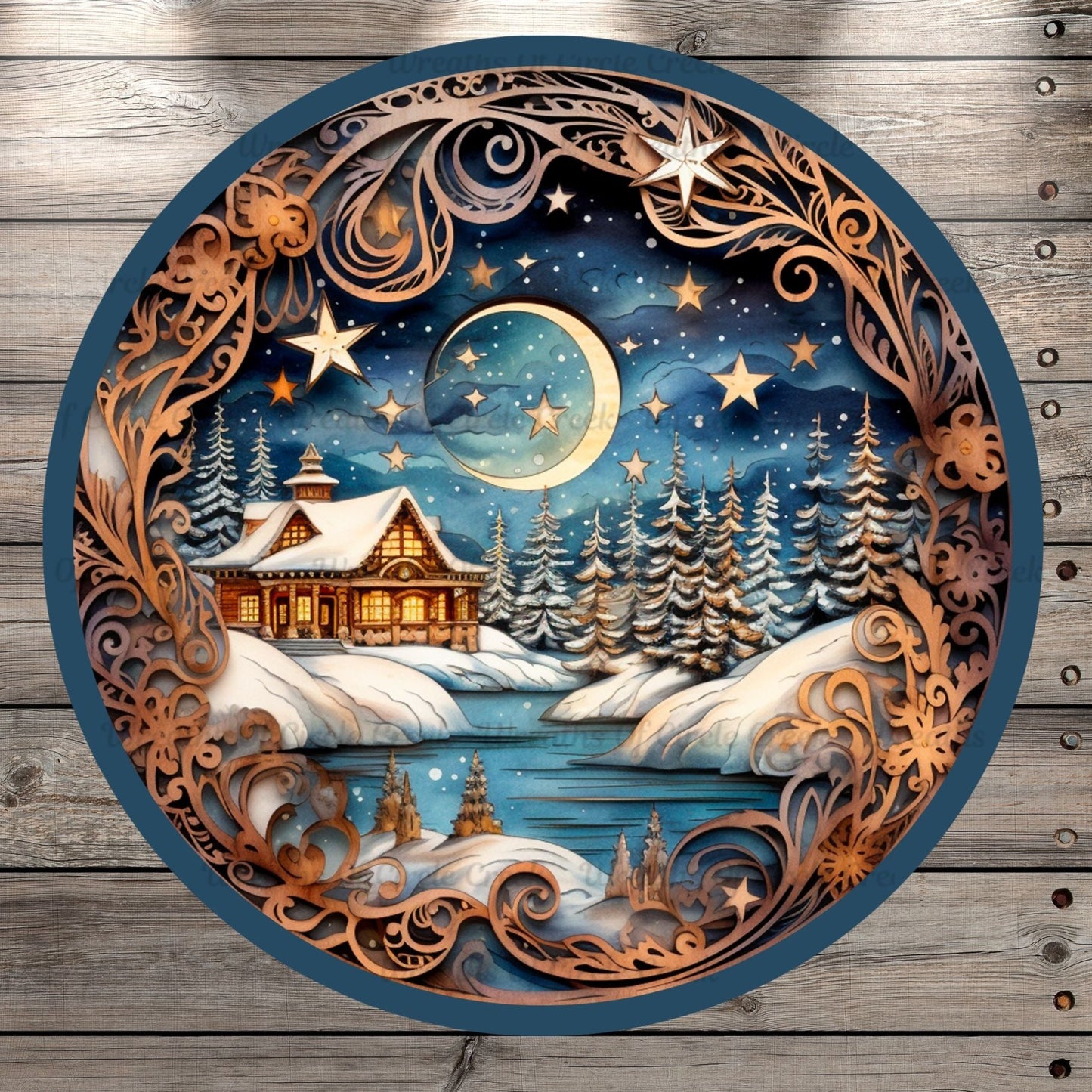 Welcome, Winter Wonderland Scene, Half Moon, Woodland, Round, Light Weight, Metal Wreath Sign, No Holes