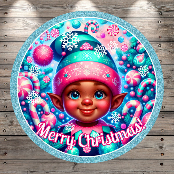 Elf, Merry Christmas, Candy Land, Blue And Pink, Glitter Border, Round, Light Weight, Metal, Wreath Sign, No Holes In Sign