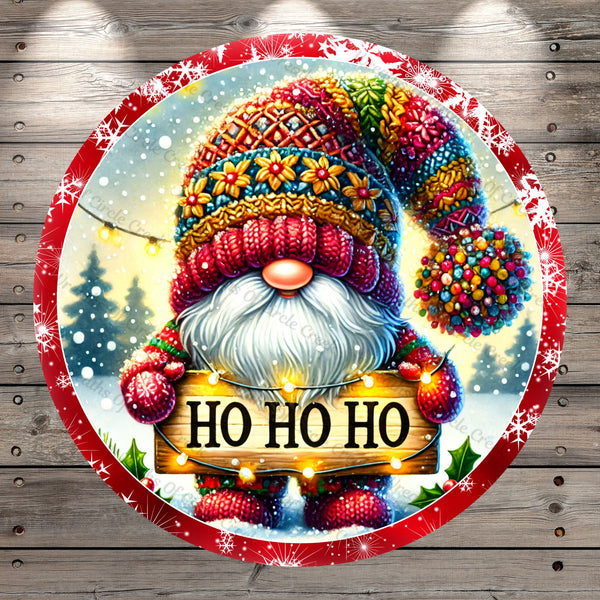 Christmas Gnome, Ho Ho Ho, Winter Scene, Knitted Hat, Light Weight, Metal, Wreath Sign, No Holes In Sign