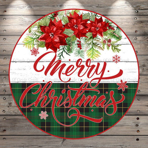 Merry Christmas, Poinsettias, Green Plaid, Traditional, Round, Light Weight, Metal, Wreath Sign, No Holes In Sign