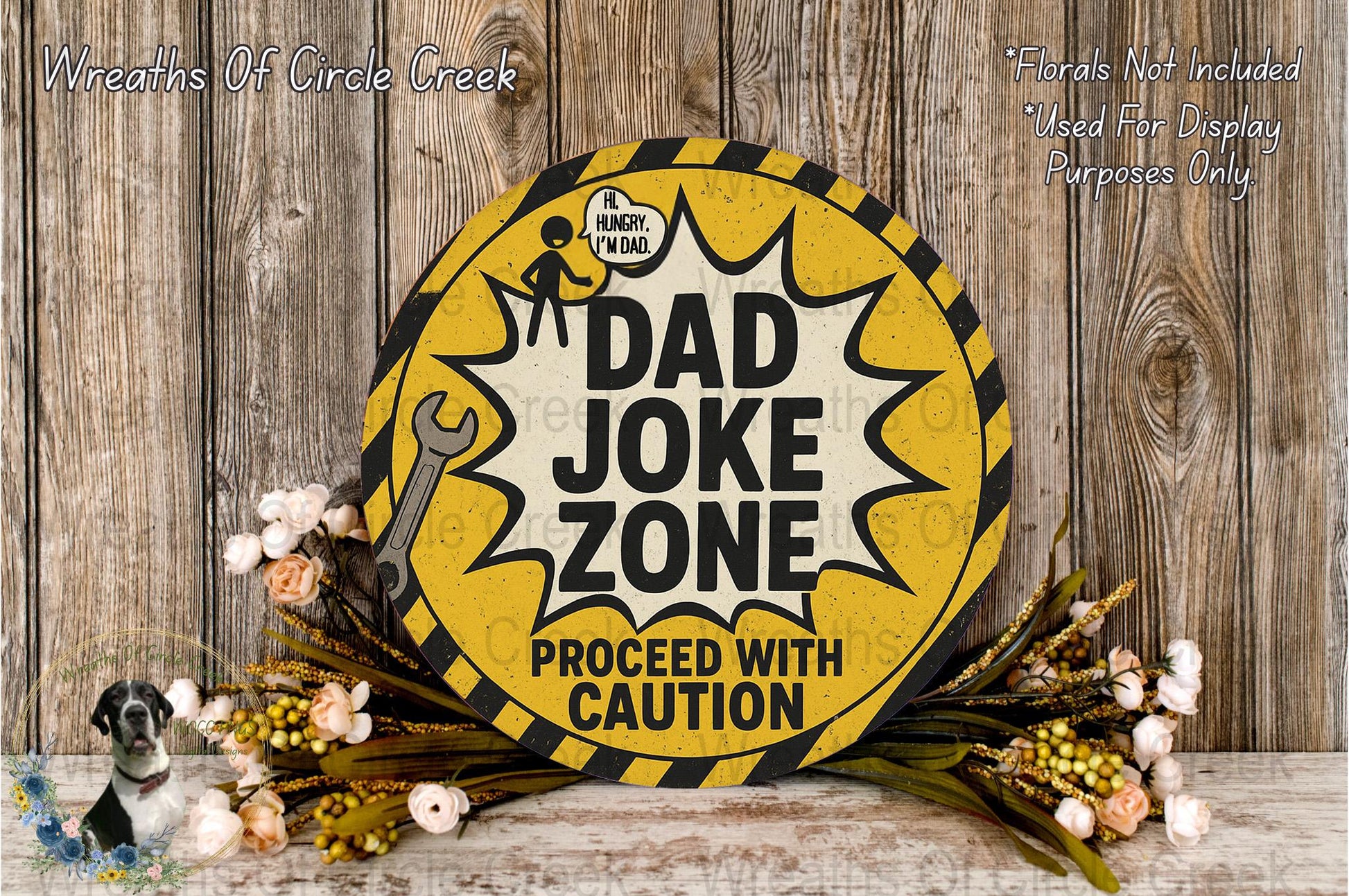 Dad Joke Zone Funny Wall Sign, Yellow Caution Humor Decor, Gift for Dad, Circle Creek Wreath