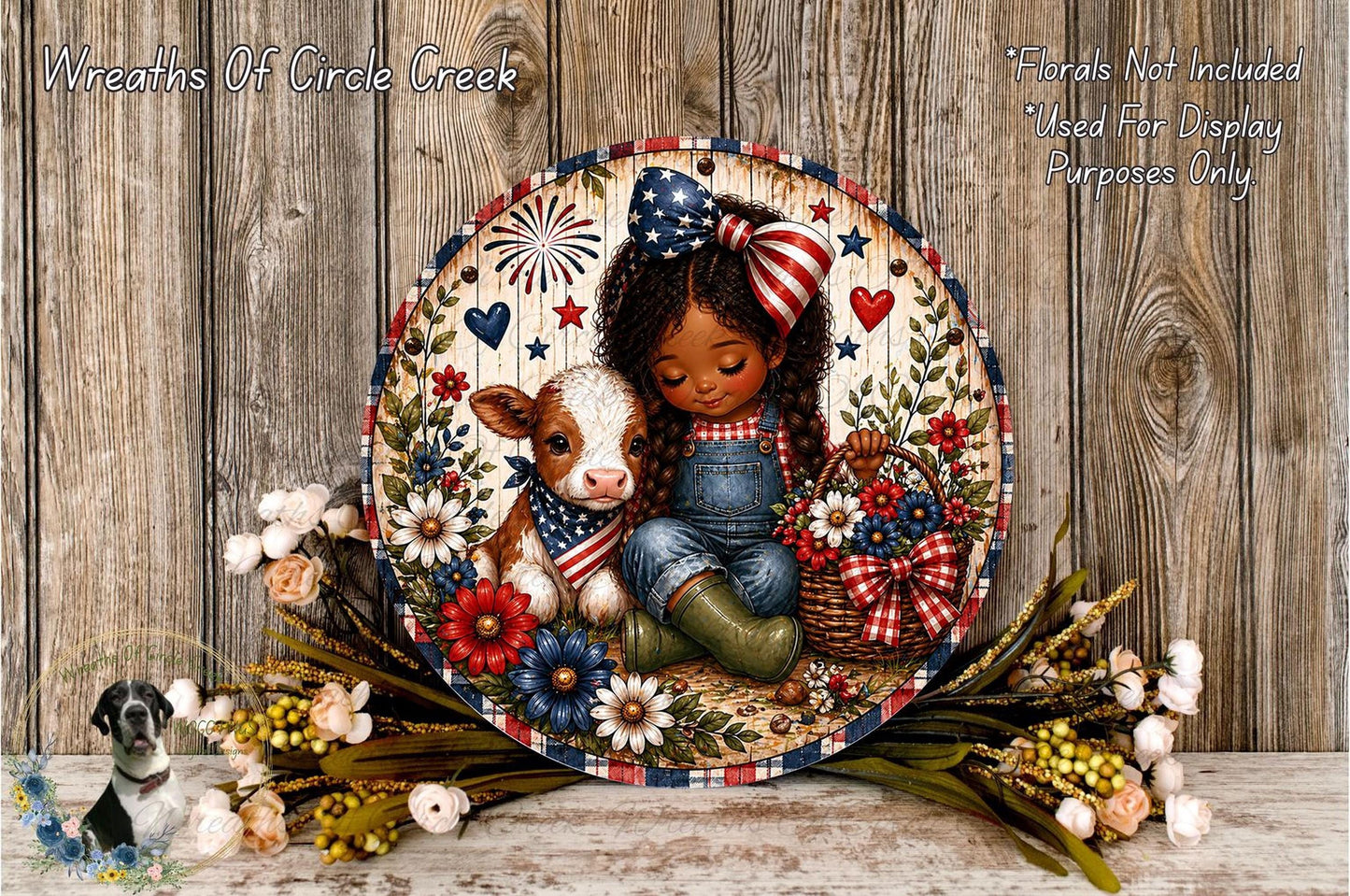 A decorative plate featuring a young girl and a cow surrounded by flowers and patriotic symbols, such as stars and stripes, against a wooden background.