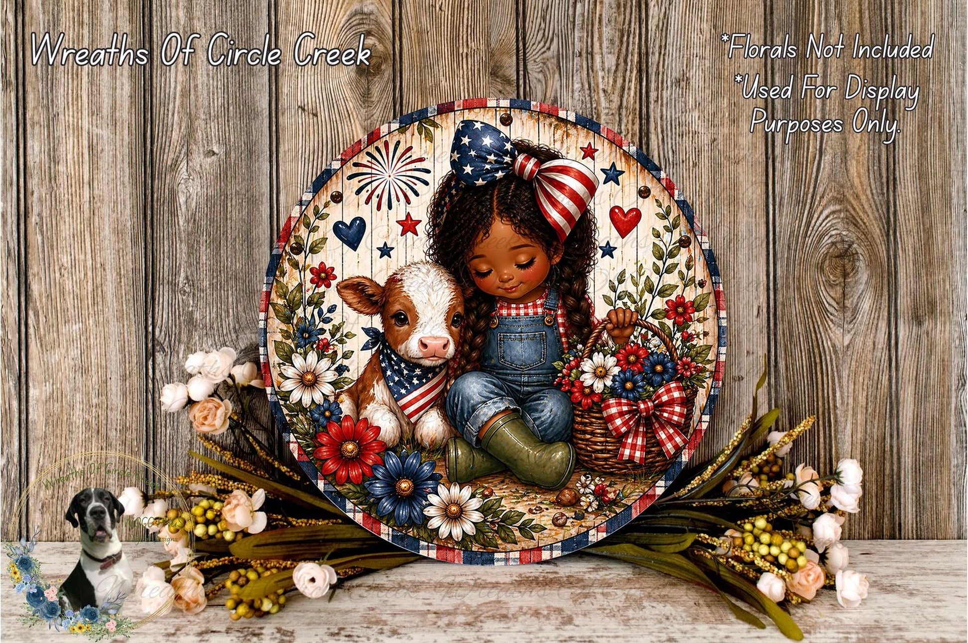 A decorative plate featuring a young girl and a cow surrounded by flowers and patriotic symbols, such as stars and stripes, against a wooden background.