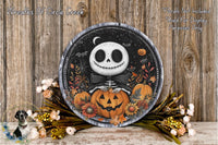 a Halloween-themed wreath with a skeleton holding a jack-o-lantern, surrounded by autumn flowers and a wooden background.