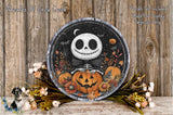 a Halloween-themed wreath with a skeleton holding a jack-o-lantern, surrounded by autumn flowers and a wooden background.