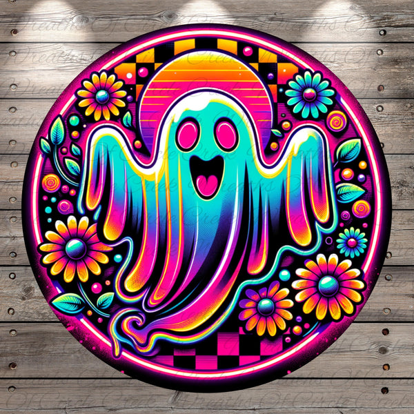 A colorful, abstract illustration of a ghost with a smiling expression, surrounded by various shapes, flowers, and neon lights.