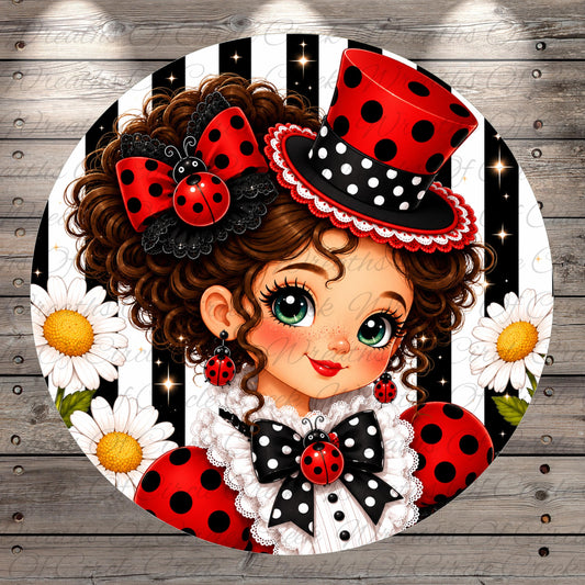 A whimsical illustration of a young girl with curly hair, wearing a top hat and a dress with red and black polka dots, surrounded by flowers and a wooden background.