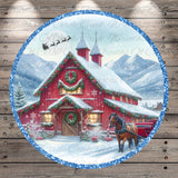 A festive Christmas scene featuring a red barn with a horse-drawn sleigh in front, surrounded by snow-covered mountains and a clear blue sky.