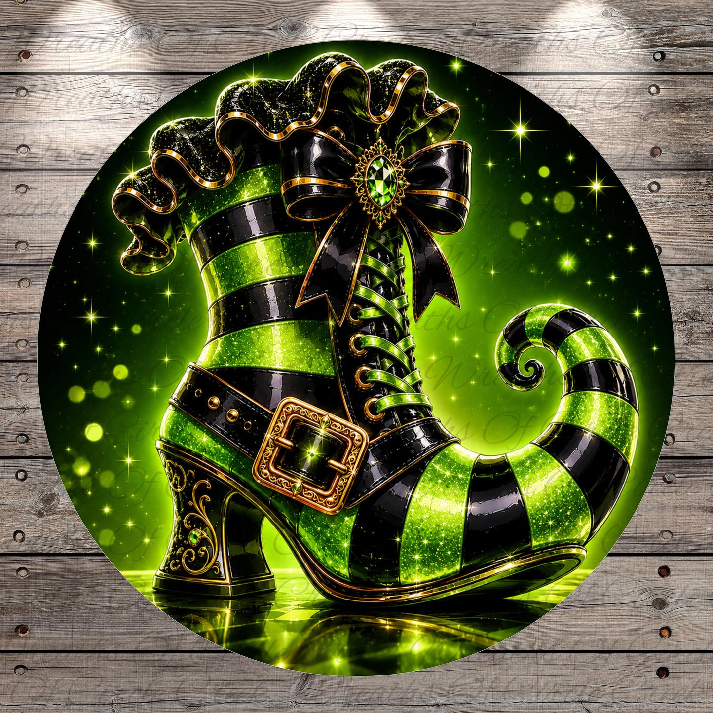 A green and black striped witch's boot with a gold buckle and bow, set against a background of green and black lights and sparkles.
