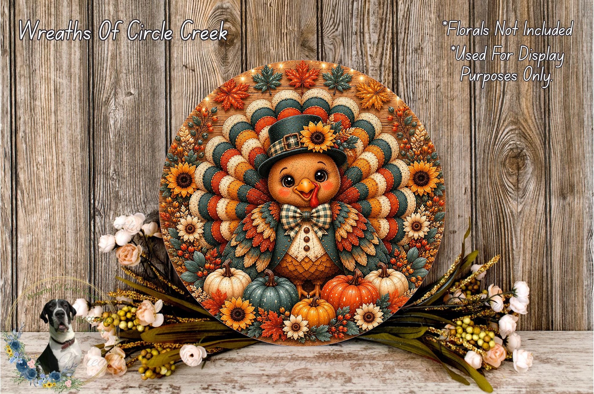 A decorative wreath featuring a colorful turkey surrounded by autumn foliage, flowers, and pumpkins, placed on a wooden surface.