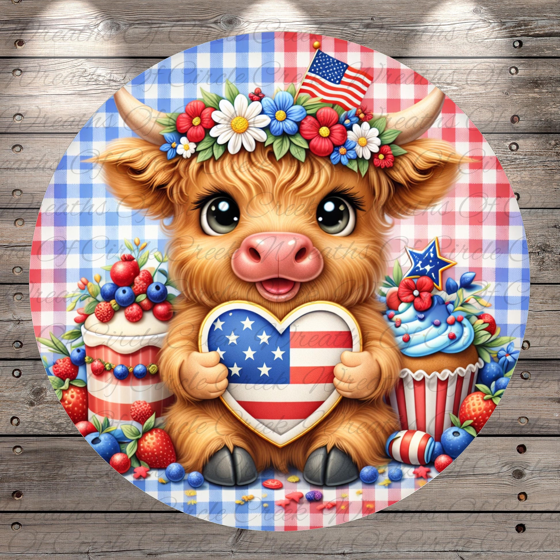 A cheerful, cartoon-like cow holding a heart-shaped American flag, surrounded by various festive elements such as berries, a cupcake, and a cake.
