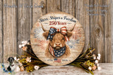 a wooden sign with a bull's head and an American flag design, surrounded by flowers and a wooden wall.