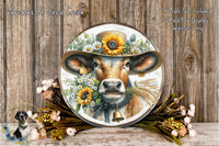 A decorative plate featuring a cow wearing a sunflower hat, surrounded by flowers and a bell, placed on a wooden surface.