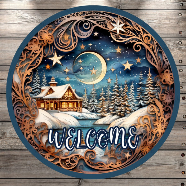 Welcome, Winter Wonderland Scene, Half Moon, Woodland, Round, Light Weight, Metal Wreath Sign, No Holes