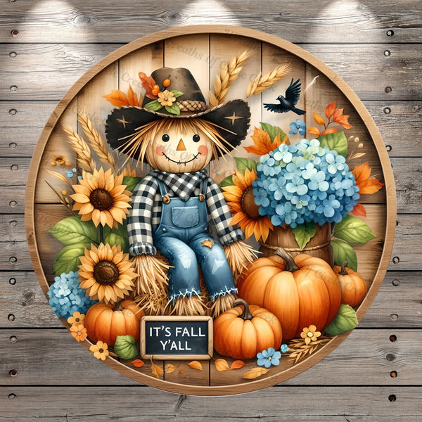 Scarecrow Sitting, It's Fall Y'all, Pumpkins, Sunflowers, Round, Light Weight, Metal, Wreath Sign, No Holes In Sign