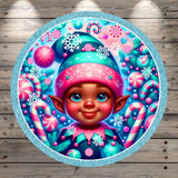 Elf, Merry Christmas, Candy Land, Blue And Pink, Glitter Border, Round, Light Weight, Metal, Wreath Sign, No Holes In Sign