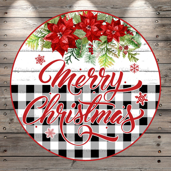 Merry Christmas, Poinsettias, Black and White Plaid, Round, Light Weight, Metal, Wreath Sign, No Holes In Sign