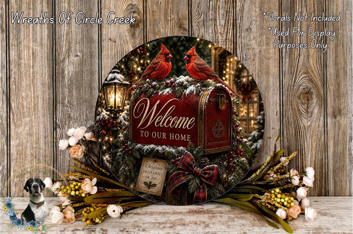a festive wreath with a red mailbox, surrounded by flowers and greenery, and a welcoming message.