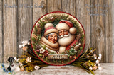 A decorative Christmas wreath with Santa Claus and an elderly woman, surrounded by flowers and greenery, placed on a wooden surface.